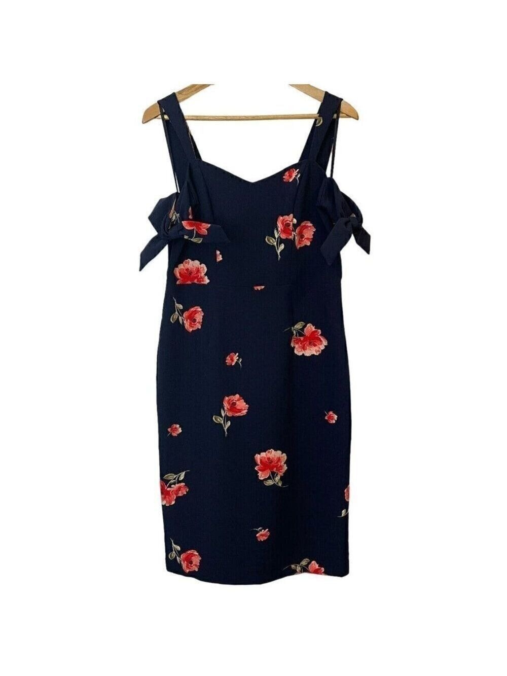 Ashley Graham Navy Floral Bow Sleeve Cocktail Sheath Dress Size 10 Garden Party